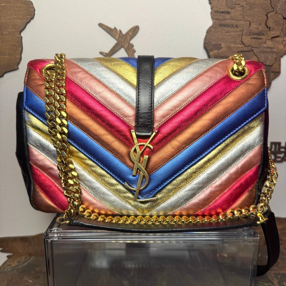 YSL Chevron Metallic Multicolor Med College‎ Satchel Flap Bag GHW Authentic CoA